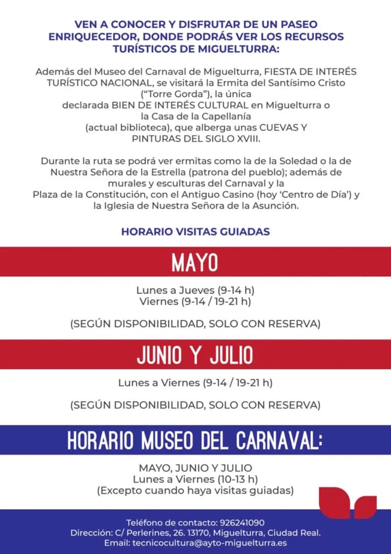 Visitas guiadas durante mayo, junio y julio 2023 para descubrir los recursos turísticos de Miguelturra