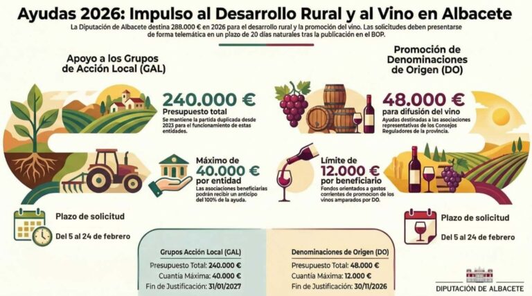 Diputación de Albacete impulsa el desarrollo rural y la viticultura local con ayudas de 288.000 euros en convocatorias para 2026